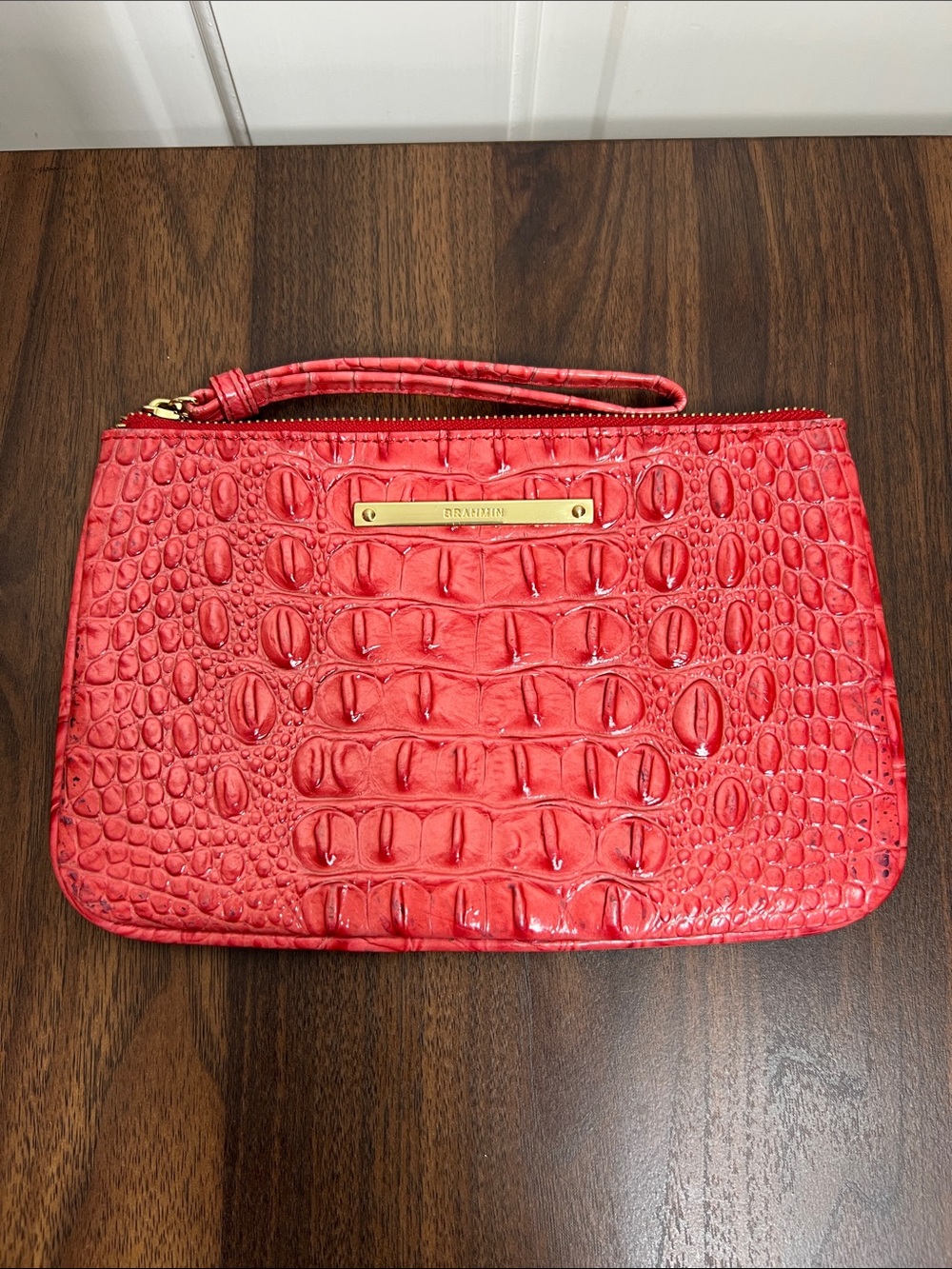Brahmin Coral Coral Red Pink Embossed Croc Wristlet